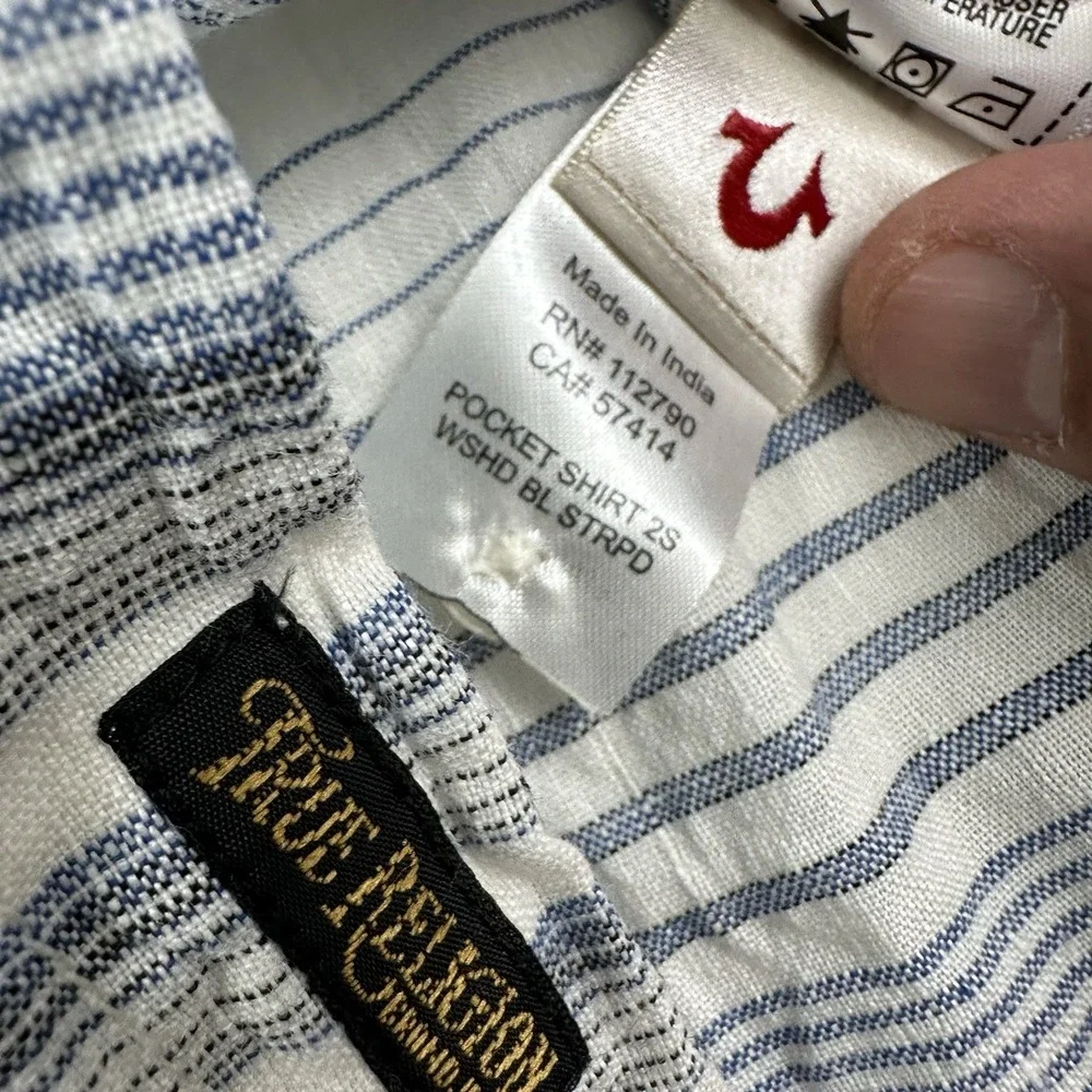 True Religion Men's Linen‎ Cotton Shirt XXL White Blue Striped 2XL Long Sleeve